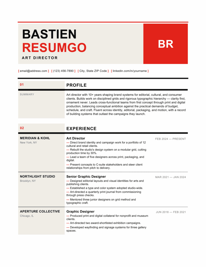 Bali Swiss Modernist Resume Preview Preview of the Bali resume with Swiss red accents, structured columns, bold rules, and modern typography.