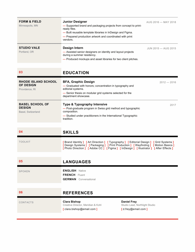 Bali Swiss Modernist Resume Preview - Page 2 Preview of the Bali resume with Swiss red accents, structured columns, bold rules, and modern typography.