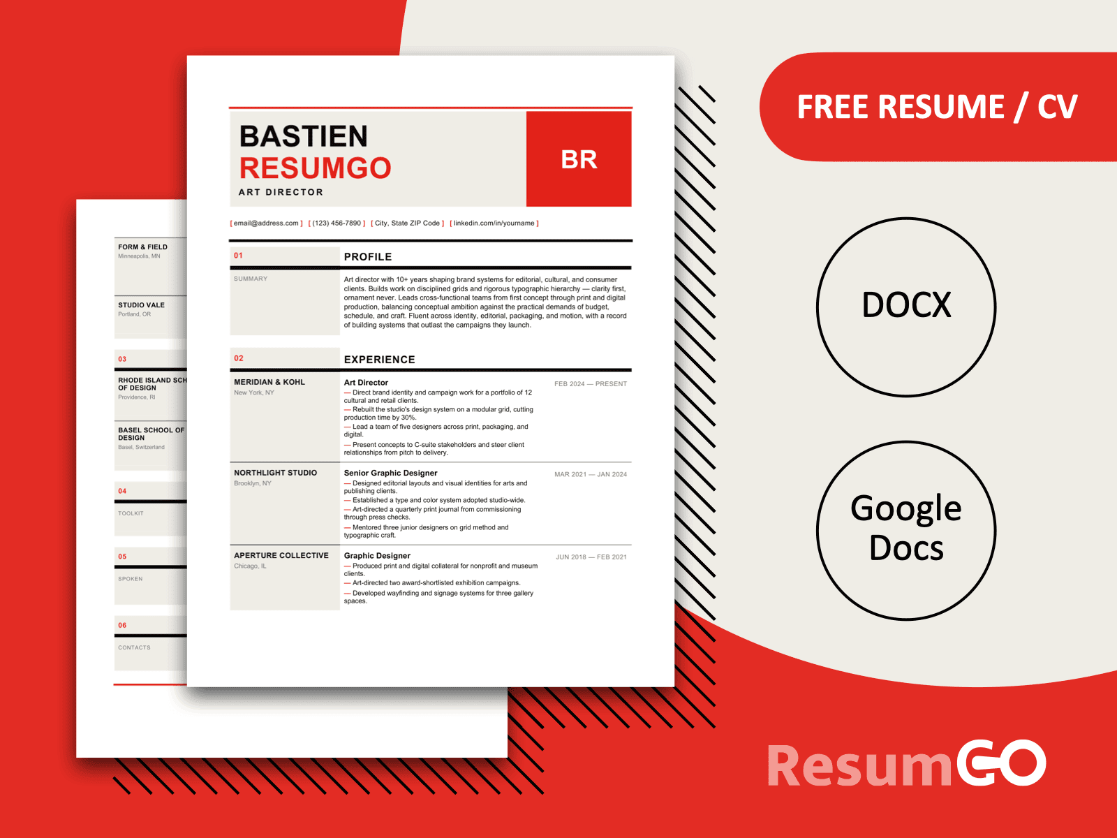 Bali Swiss Modernist resume template with a bold red header, asymmetric grid, and clean editorial layout.