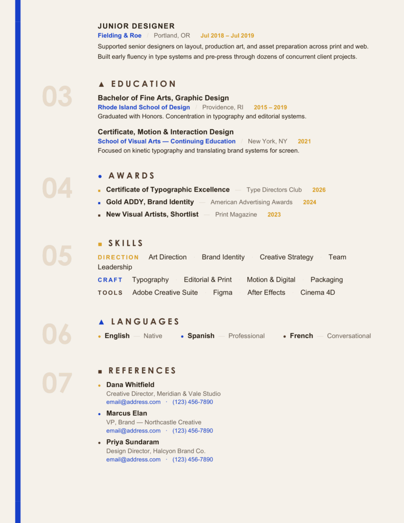 Capri Bauhaus Minimalist Resume Preview – Continuation Layout Capri Bauhaus minimalist resume preview showing a spacious continuation layout with geometric color accents.