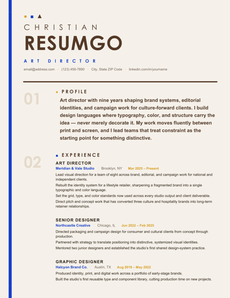Capri Bauhaus Minimalist Resume Preview – Opening Layout Capri Bauhaus minimalist resume preview with oversized numbering, bold type, and a clean multicolor layout.