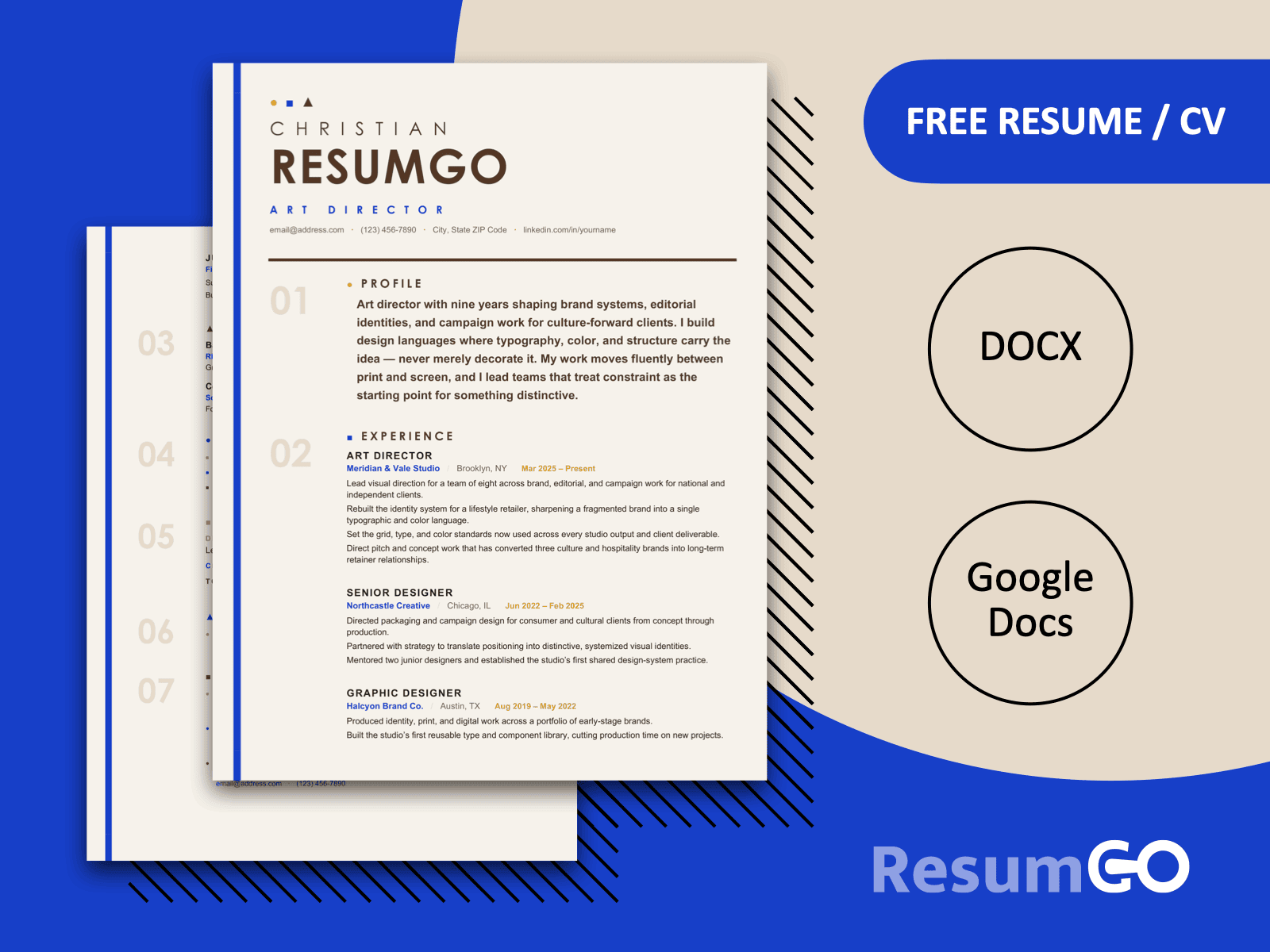 Capri Bauhaus Minimalist Resume Template with bold typography, geometric details, and multicolor accents.