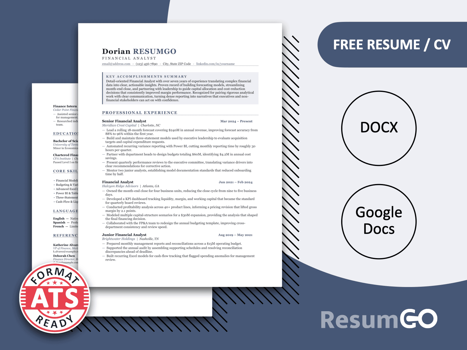 Djerba balanced structured resume template with Slate Blue accents, classic typography, and clean professional layout