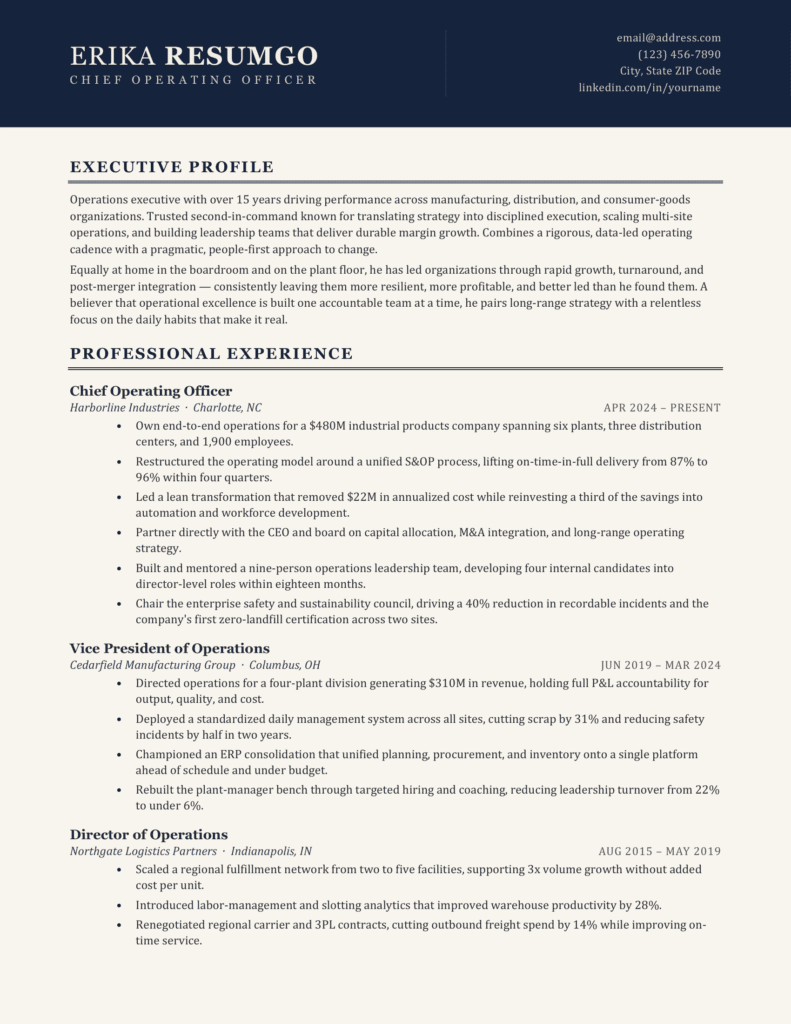 Elba Executive Navy Resume Template – First Resume Preview First preview of the Elba Executive Navy Resume Template showing its clean executive layout and navy styling.