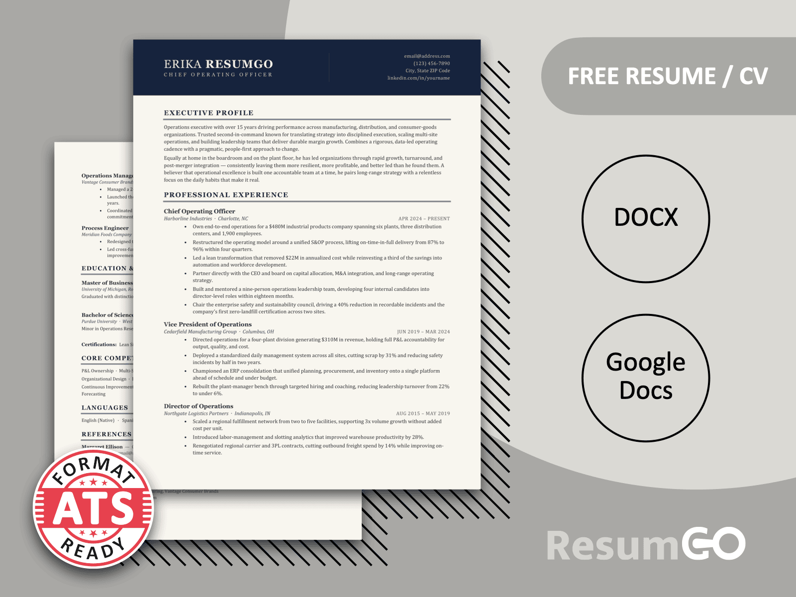 Elba Executive Navy Resume Template with a clean two-page layout, classic serif type, and Midnight Navy accents.