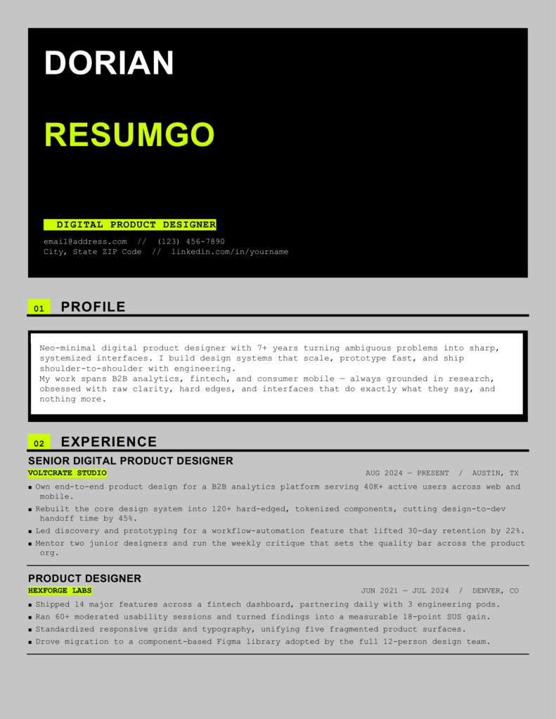 Fogo Neo-Brutalist Resume Template First Page First page of the Fogo neo-brutalist resume template with neon lime accents, bold borders, and structured content