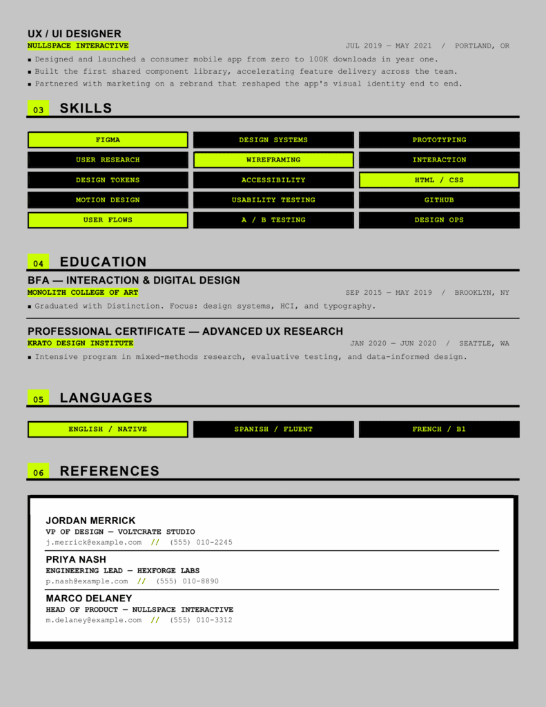 Fogo Neo-Brutalist Resume Template Second Page Second page of the Fogo neo-brutalist resume template with high-contrast styling, grid sections, and lime highlights