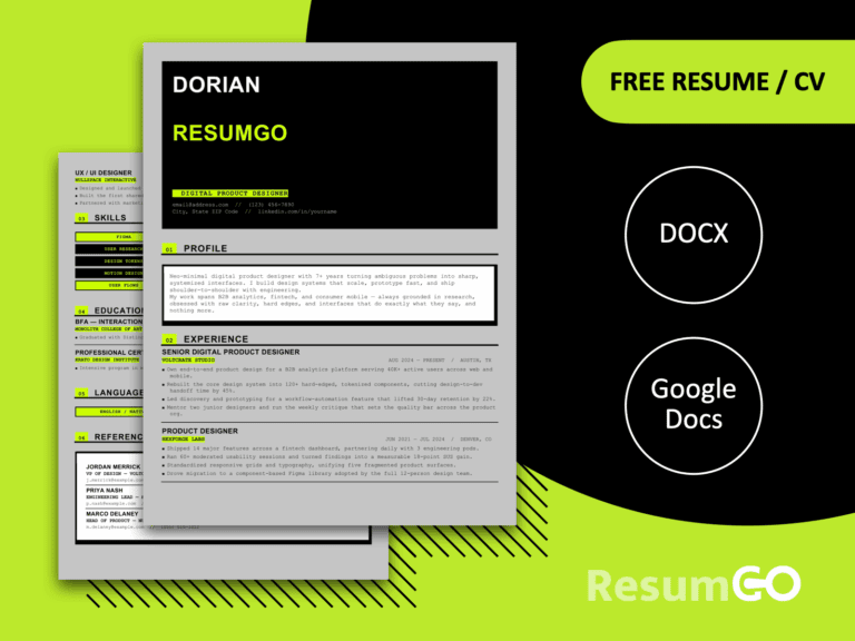 Fogo neo-brutalist Word resume template with bold black framing, neon lime accents, and modern typography