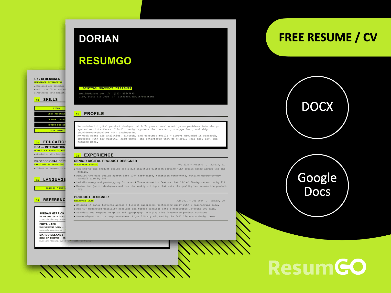 Fogo neo-brutalist Word resume template with bold black framing, neon lime accents, and modern typography