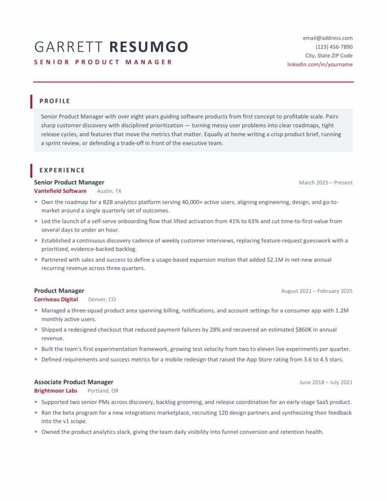 Galapagos Word and Google Docs Resume Template First Page First page of the Galapagos resume template for Word and Google Docs with a clean ATS-friendly crimson border design.