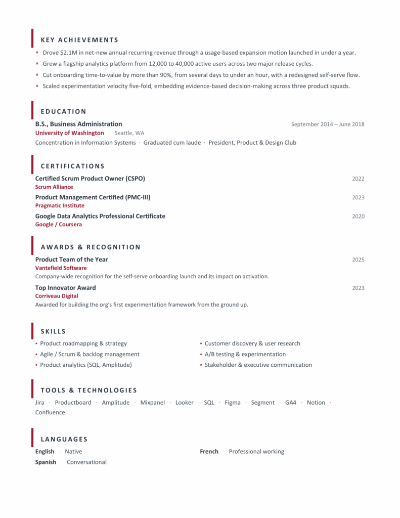 Galapagos Word and Google Docs Resume Template Second Page Second page of the Galapagos resume template for Word and Google Docs with a structured professional crimson border layout.