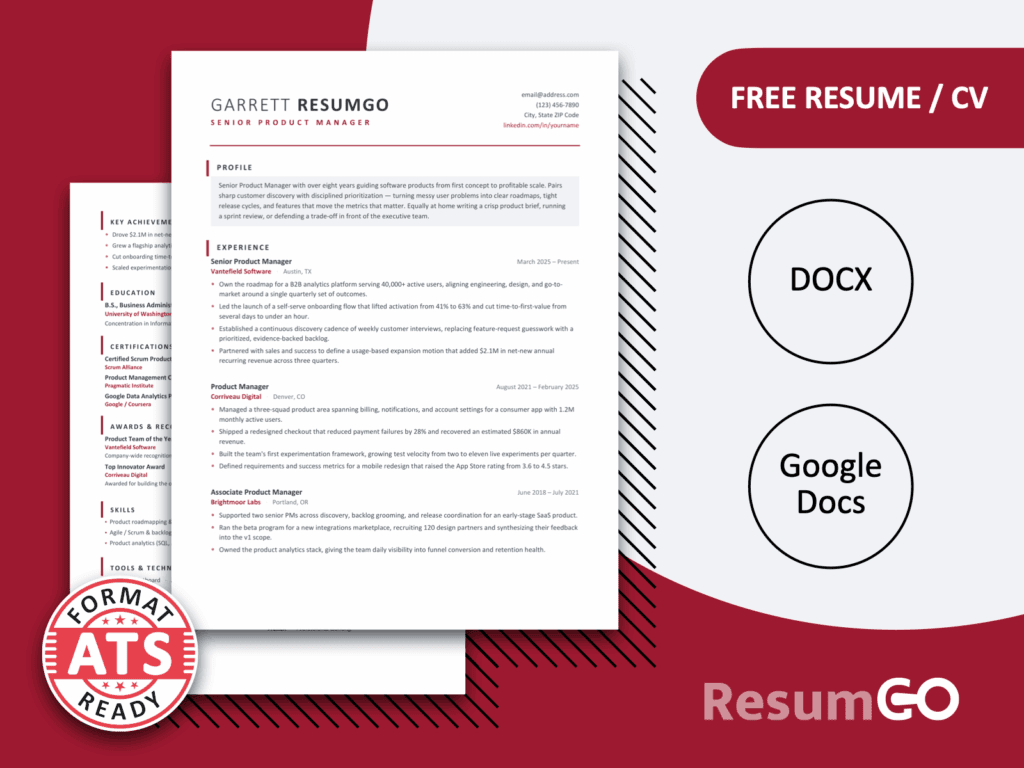 Galapagos Crimson Border Resume Template for Word and Google Docs with a clean two-page ATS-ready professional layout.