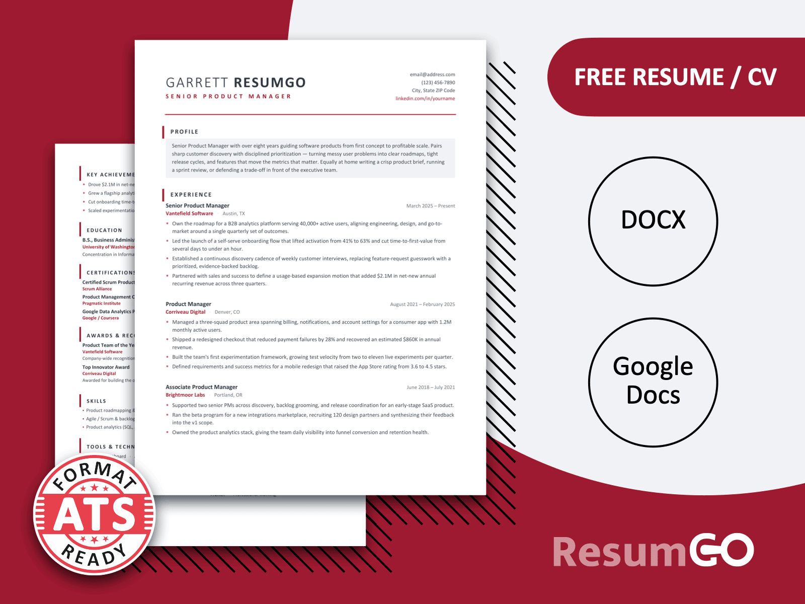 Galapagos Crimson Border Resume Template for Word and Google Docs with a clean two-page ATS-ready professional layout.