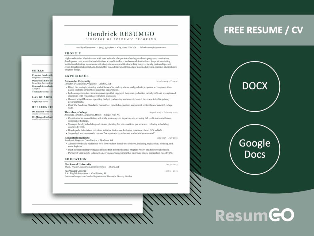 Hvar classic academic resume template for Word and Google Docs with elegant green accents and a clean professional layout