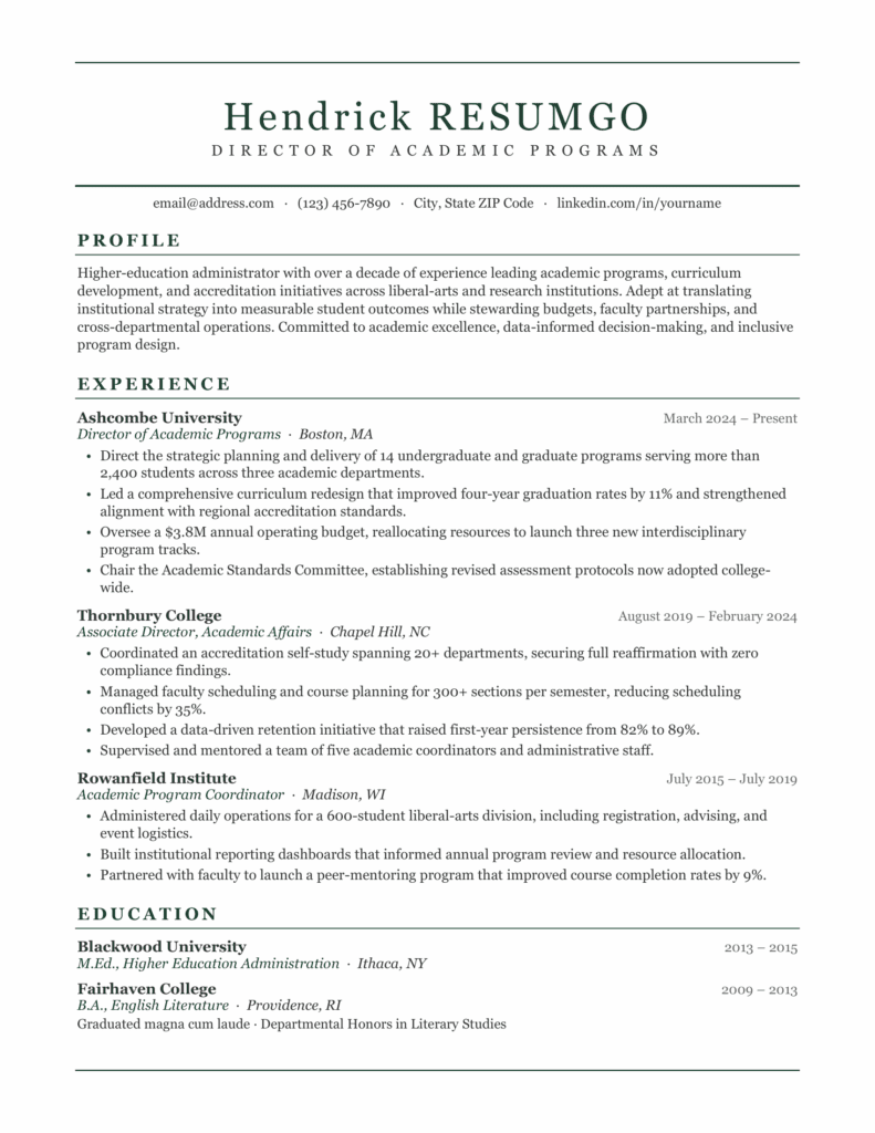 Hvar Academic Resume for Word & Google Docs – First Page First page of the Hvar academic resume template for Word and Google Docs with a classic single-column design and green accents