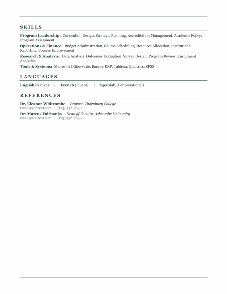 Hvar Academic Resume for Word & Google Docs – Second Page Second page of the Hvar academic resume template for Word and Google Docs with clean formatting and refined green details