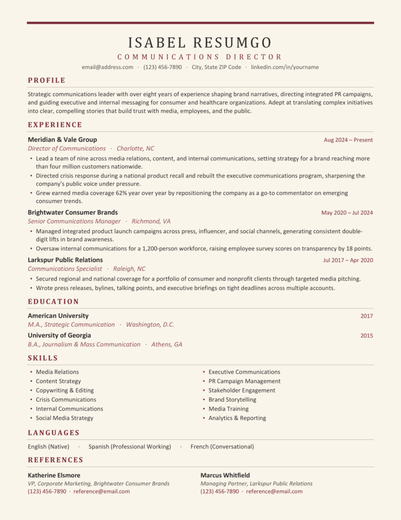 Ibiza Burgundy Resume Preview for Word and Google Docs Preview of the Ibiza burgundy resume template for Word and Google Docs with cream background and classic section styling.