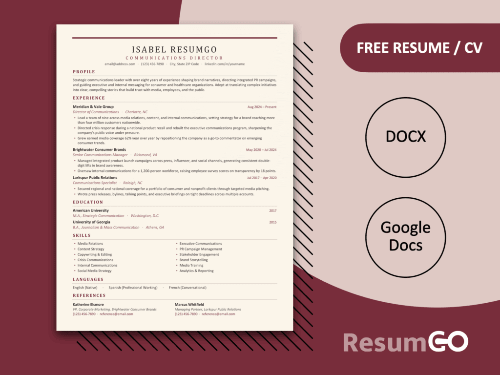 Ibiza classic burgundy resume template for Word and Google Docs with a clean single-column professional layout.