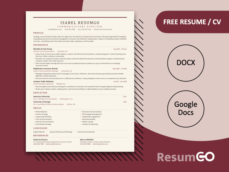 Ibiza classic burgundy resume template for Word and Google Docs with a clean single-column professional layout.