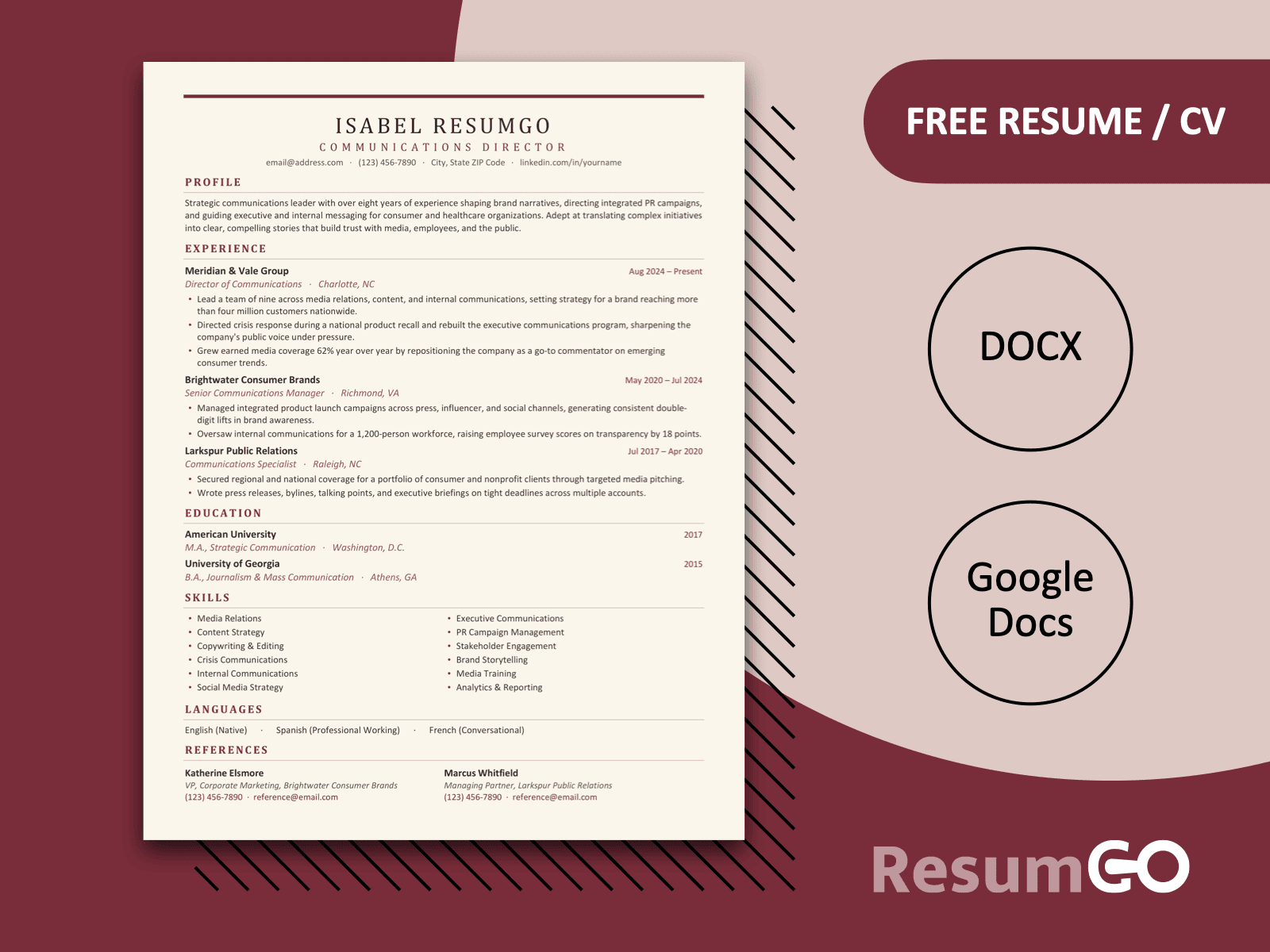 Ibiza classic burgundy resume template for Word and Google Docs with a clean single-column professional layout.