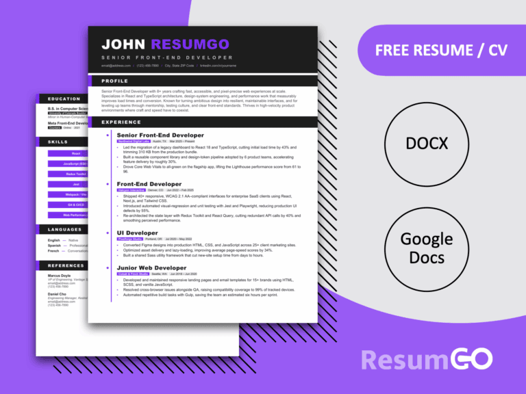 Java Kinetic Timeline Resume Template with bold charcoal sections, Electric Violet accents, and a modern two-page design