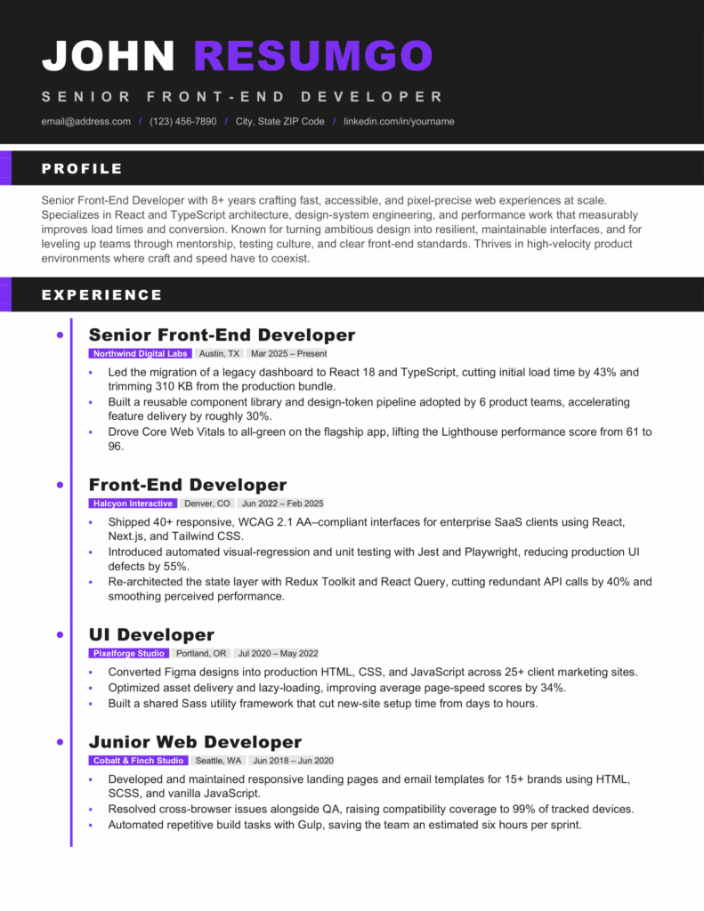 Java Kinetic Timeline Resume Template First Page First page of the Java Kinetic Timeline Resume Template with bold typography, violet accents, and a clean structured layout