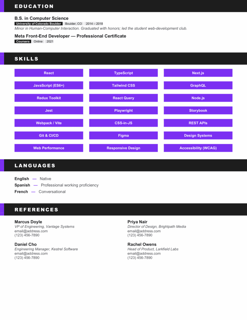 Java Kinetic Timeline Resume Template Second Page Second page of the Java Kinetic Timeline Resume Template with high-contrast sections, violet details, and organized content