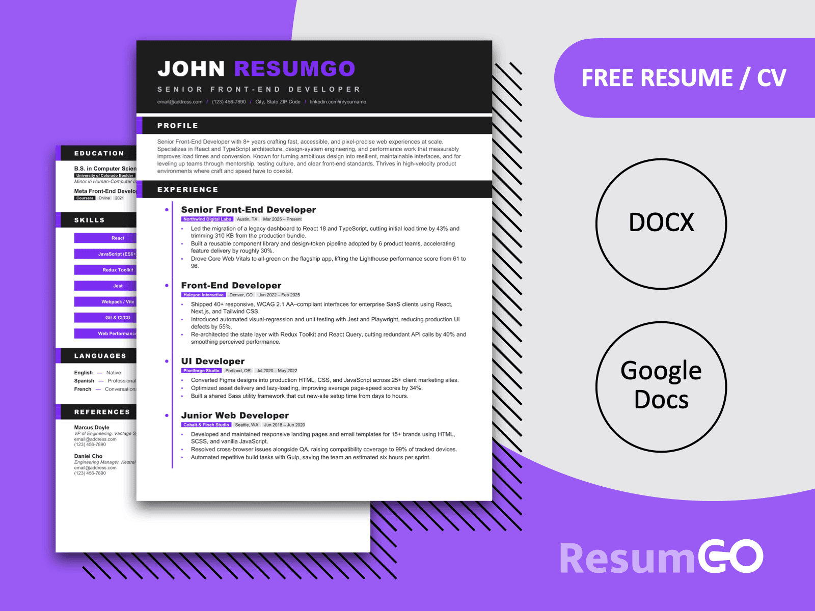 Java Kinetic Timeline Resume Template with bold charcoal sections, Electric Violet accents, and a modern two-page design