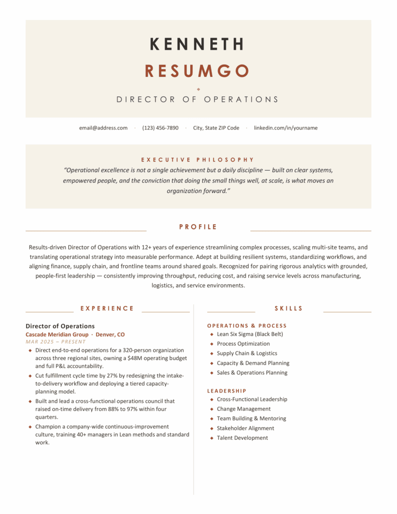 Kauai Balanced Modern Resume Template First Page First page preview of the Kauai balanced modern resume template with symmetrical layout, warm brown accents, and clean structure