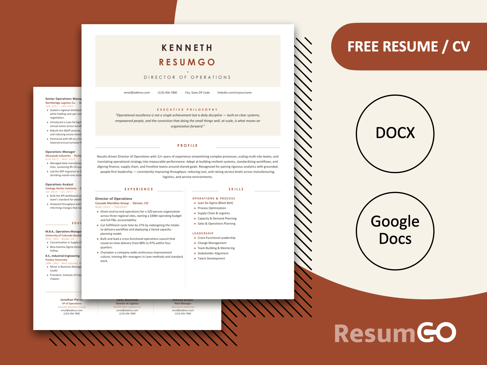 Kauai balanced modern resume template with warm brown tones, geometric details, and a clean two-page professional layout