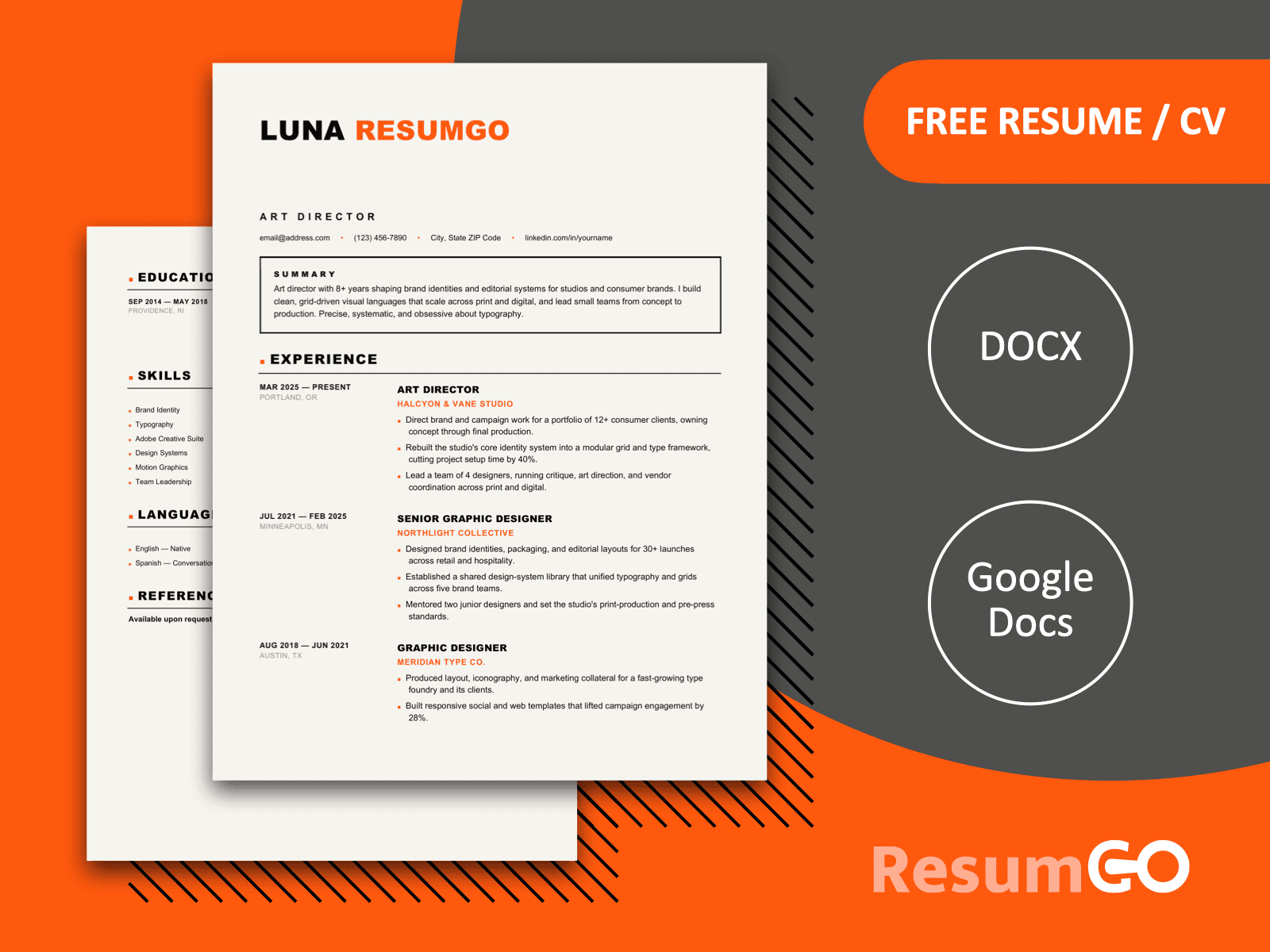 Lombok graphic minimalist resume template for Word and Google Docs with bold typography and orange accents