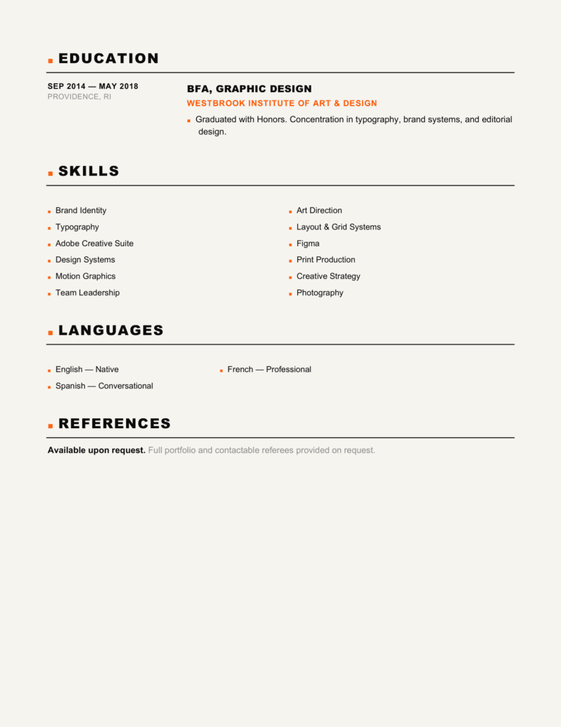 Lombok Resume Template Second Page for Word and Google Docs Second page of the Lombok resume template for Word and Google Docs with a structured minimalist layout and orange accents