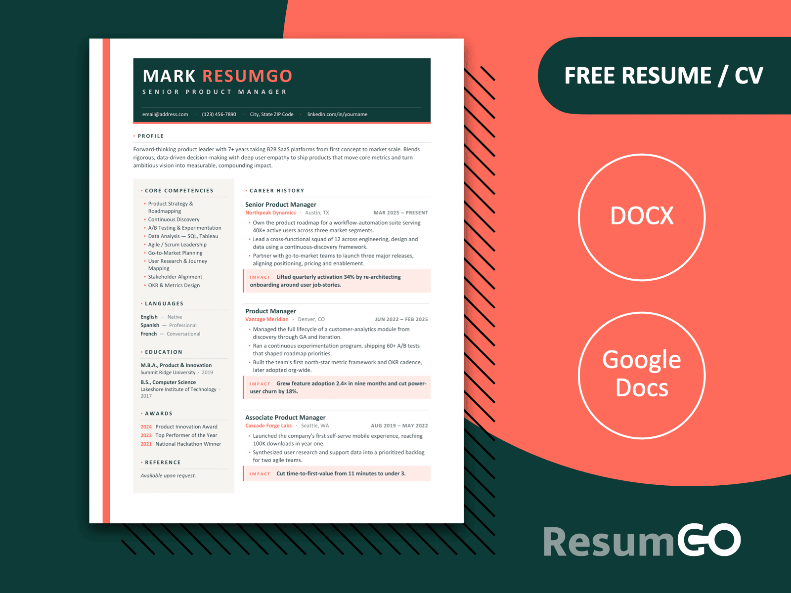Madeira dynamic impact resume template for Word and Google Docs with bold teal header, coral accents, and two-column layout.