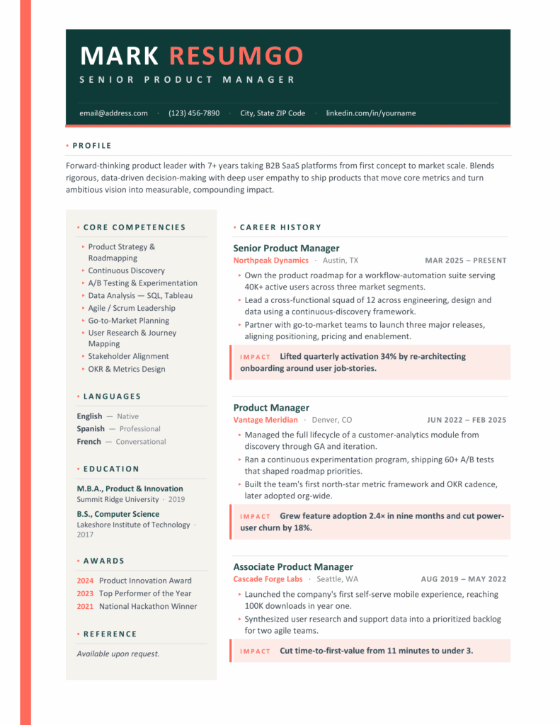 Madeira Resume Template Preview for Word and Google Docs Madeira resume template preview for Word and Google Docs showing a modern two-column layout with teal and coral accents.