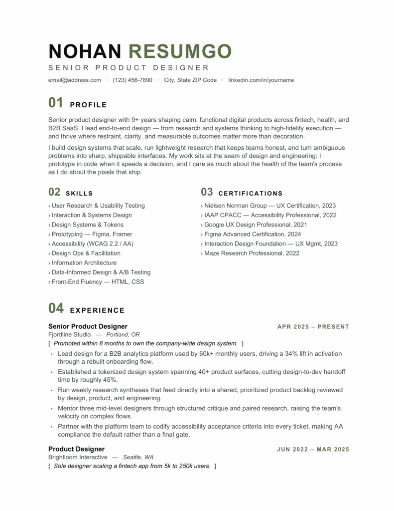 First page of the Nantucket sharp minimalist resume template for Word and Google Docs with a clean professional design.