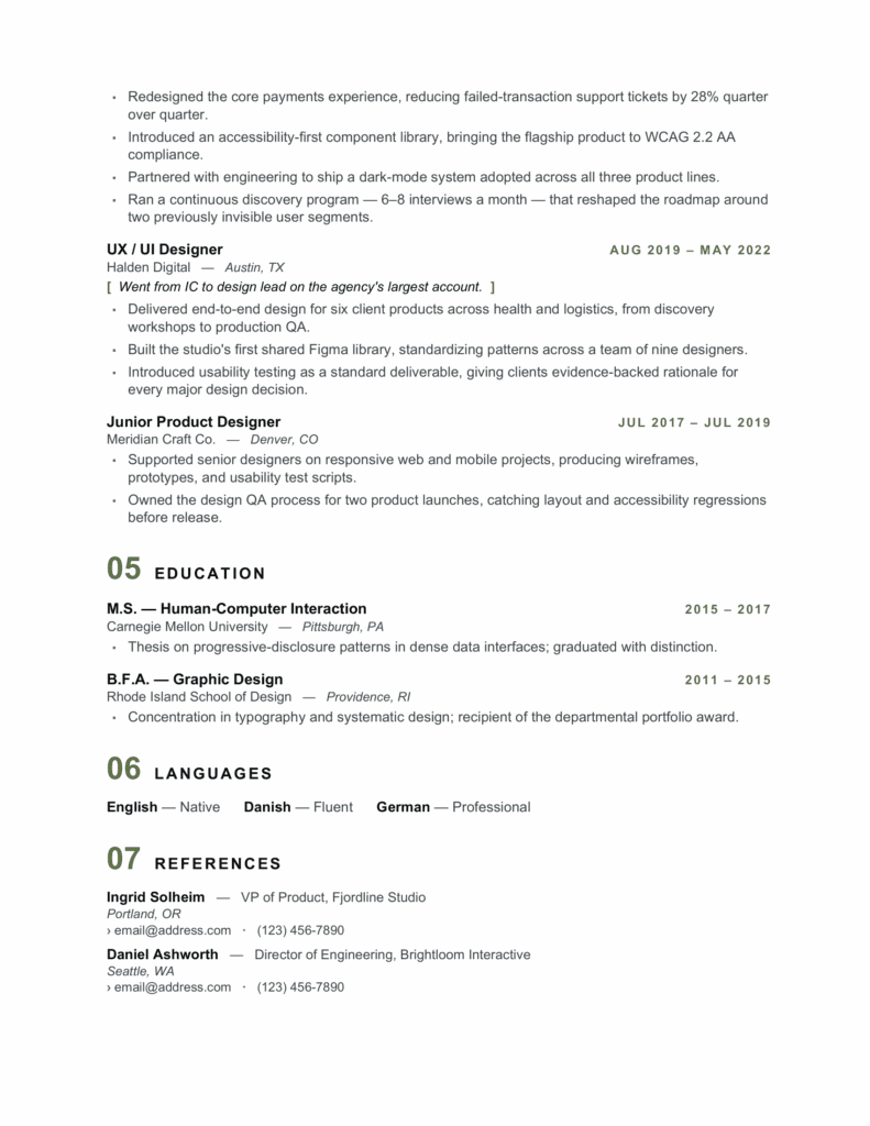 Second page of the Nantucket sharp minimalist resume template for Word and Google Docs with structured minimalist styling.