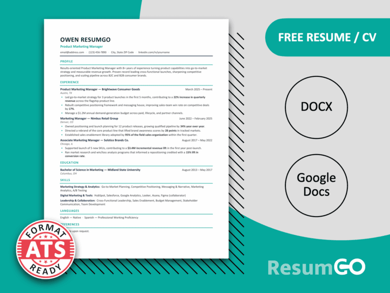 Oahu teal line ATS resume template for Word and Google Docs with a clean single-column professional layout.