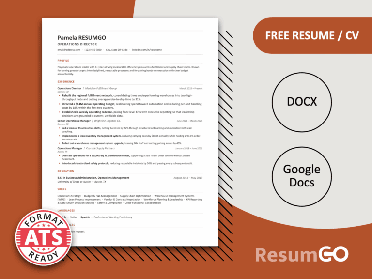 Palawan warm professional resume template for Word and Google Docs with ATS-friendly layout and rust orange accents.