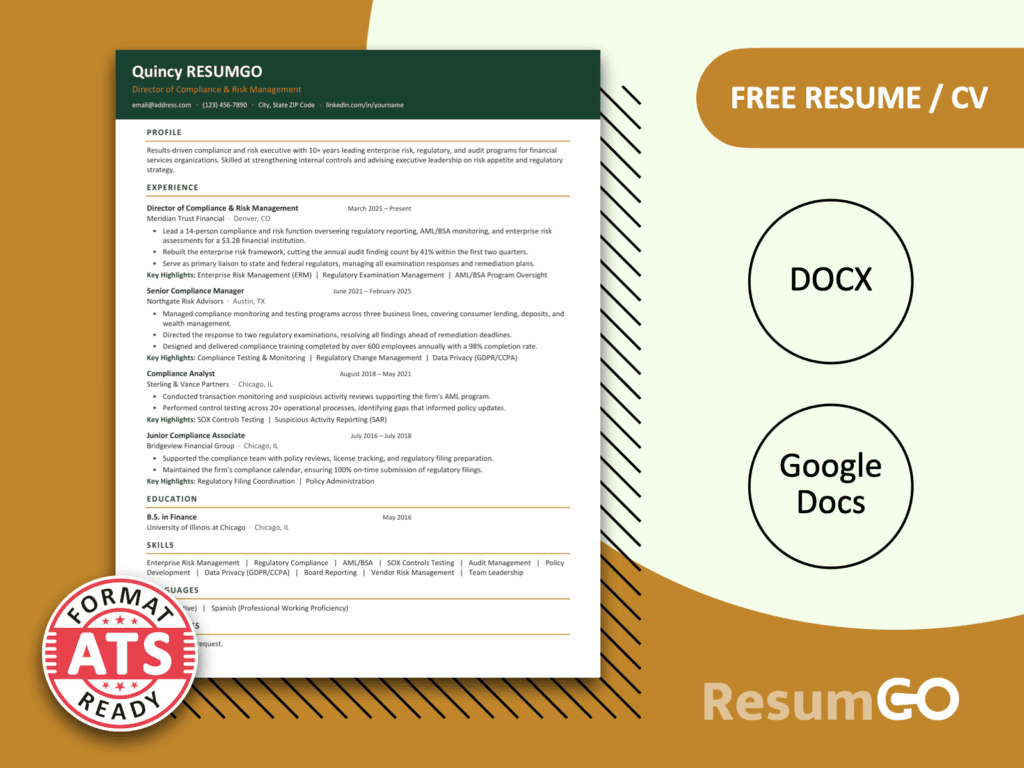 Qeshm Clean Vanguard resume template for Word and Google Docs with emerald header and ATS-friendly layout