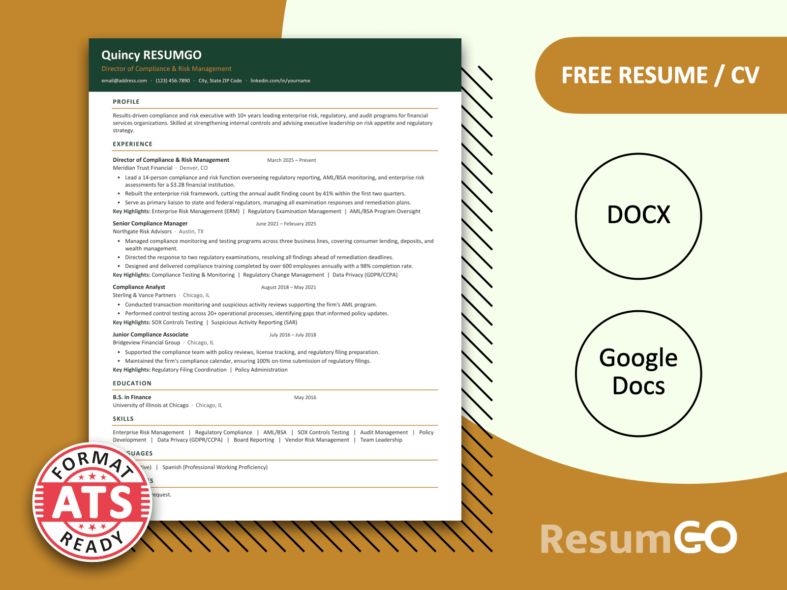 Qeshm Clean Vanguard resume template for Word and Google Docs with emerald header and ATS-friendly layout