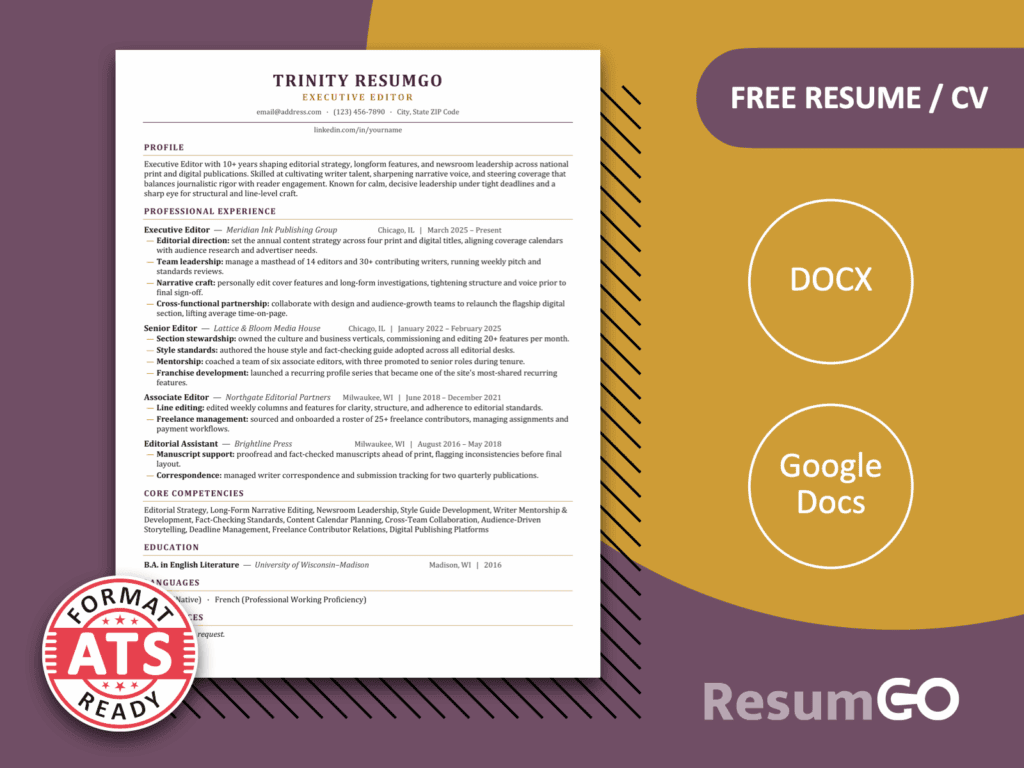 Rhodes sophisticated ATS resume template for Word and Google Docs with plum headings and a clean one-column layout