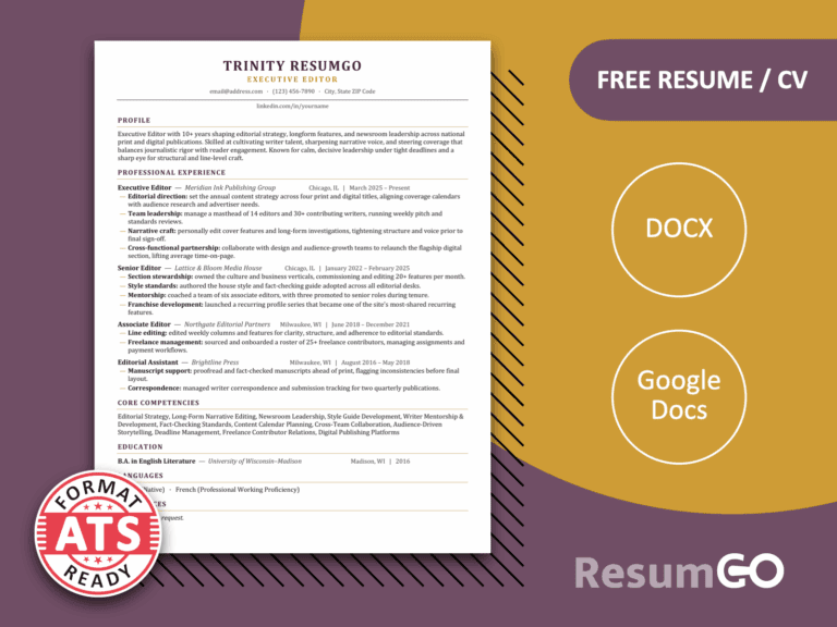 Rhodes sophisticated ATS resume template for Word and Google Docs with plum headings and a clean one-column layout