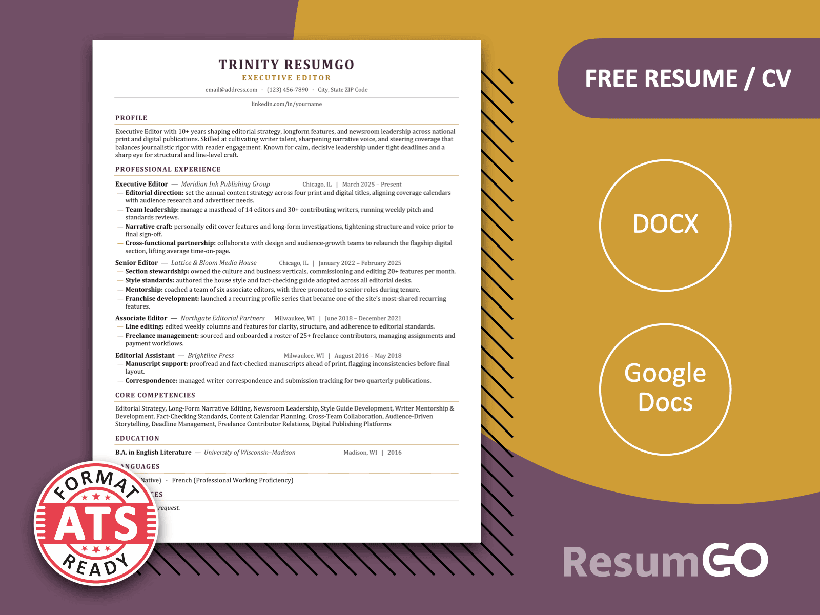 Rhodes sophisticated ATS resume template for Word and Google Docs with plum headings and a clean one-column layout