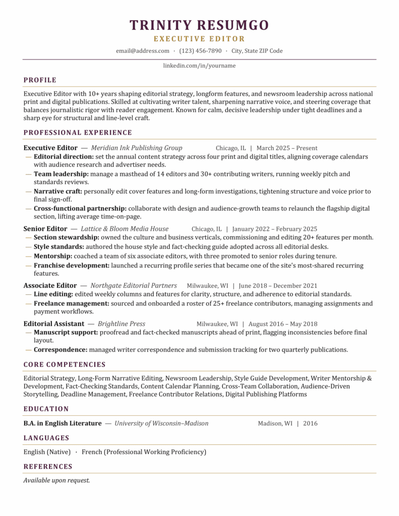 Rhodes ATS Resume Template Preview for Word and Google Docs Preview of the Rhodes ATS resume template for Word and Google Docs with Cambria font, plum titles, and gold accents