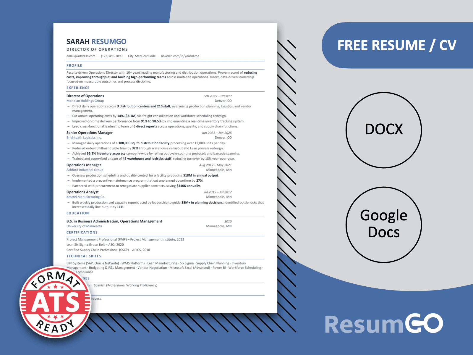 Santorini clean professional resume template for Word and Google Docs with a one-page ATS-ready blue layout.