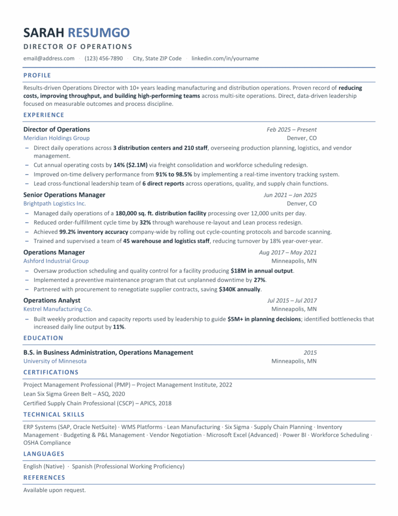 Santorini Professional Resume Template Preview for Word and Google Docs Preview of the Santorini professional resume template for Word and Google Docs with a clean single-column ATS layout.