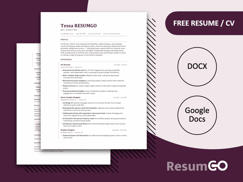 Tahiti refined modern resume template for Word and Google Docs with plum accents and a spacious single-column layout.