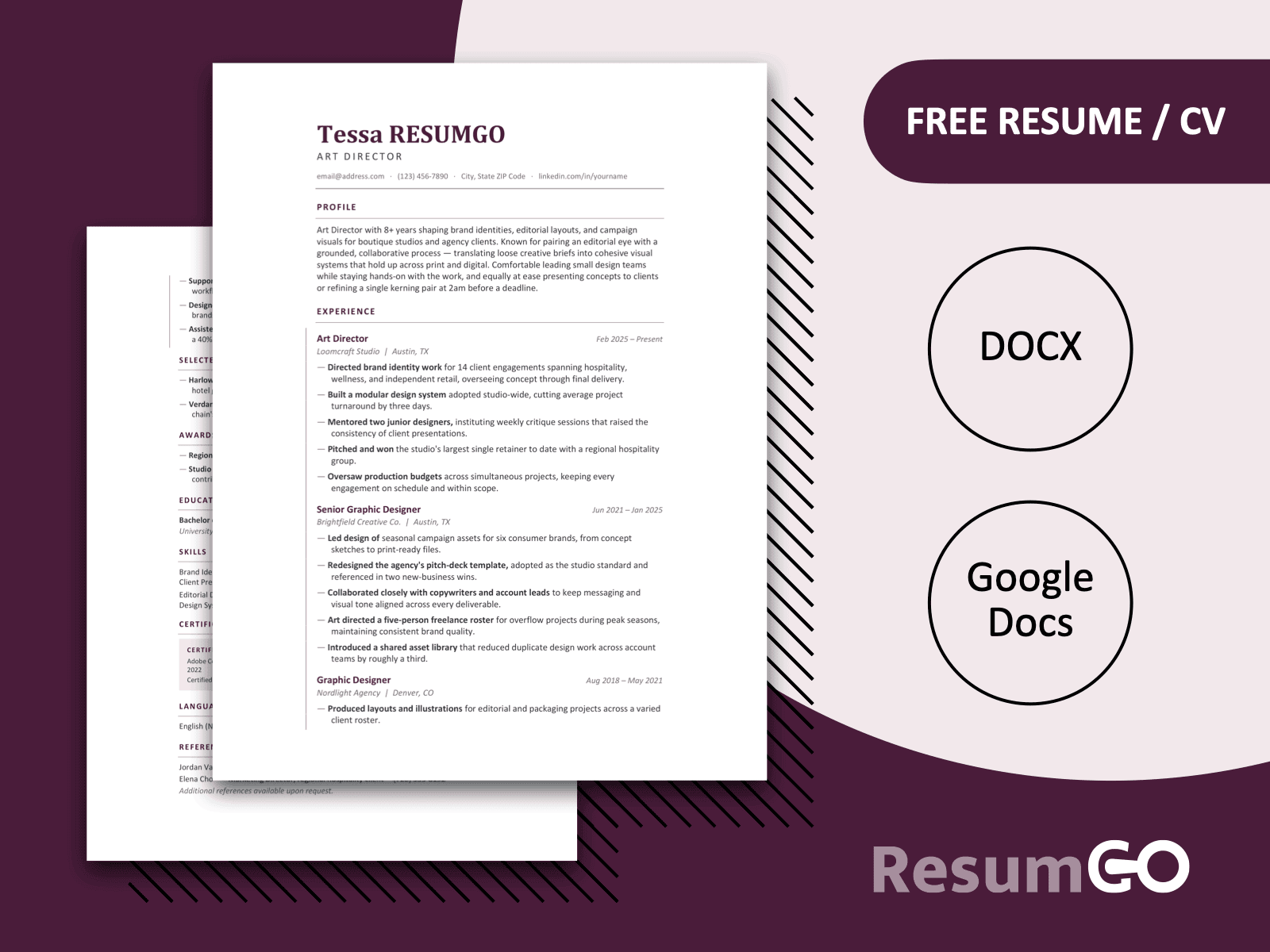 Tahiti refined modern resume template for Word and Google Docs with plum accents and a spacious single-column layout.
