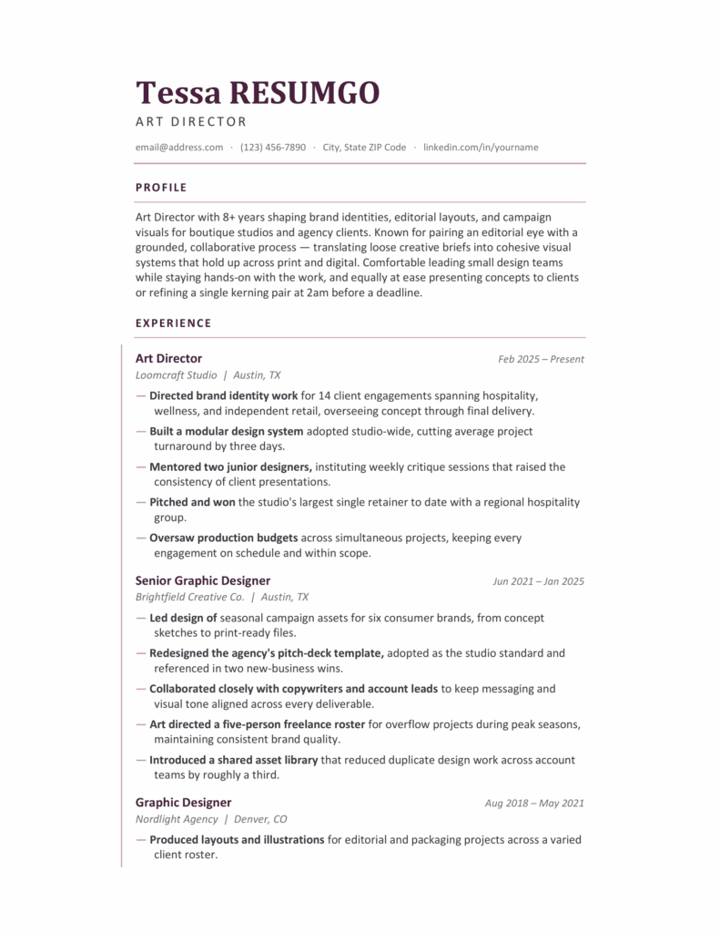 Tahiti Modern Word Resume Template Preview Preview of the Tahiti modern resume template for Word and Google Docs with a clean two-page editorial-style design.