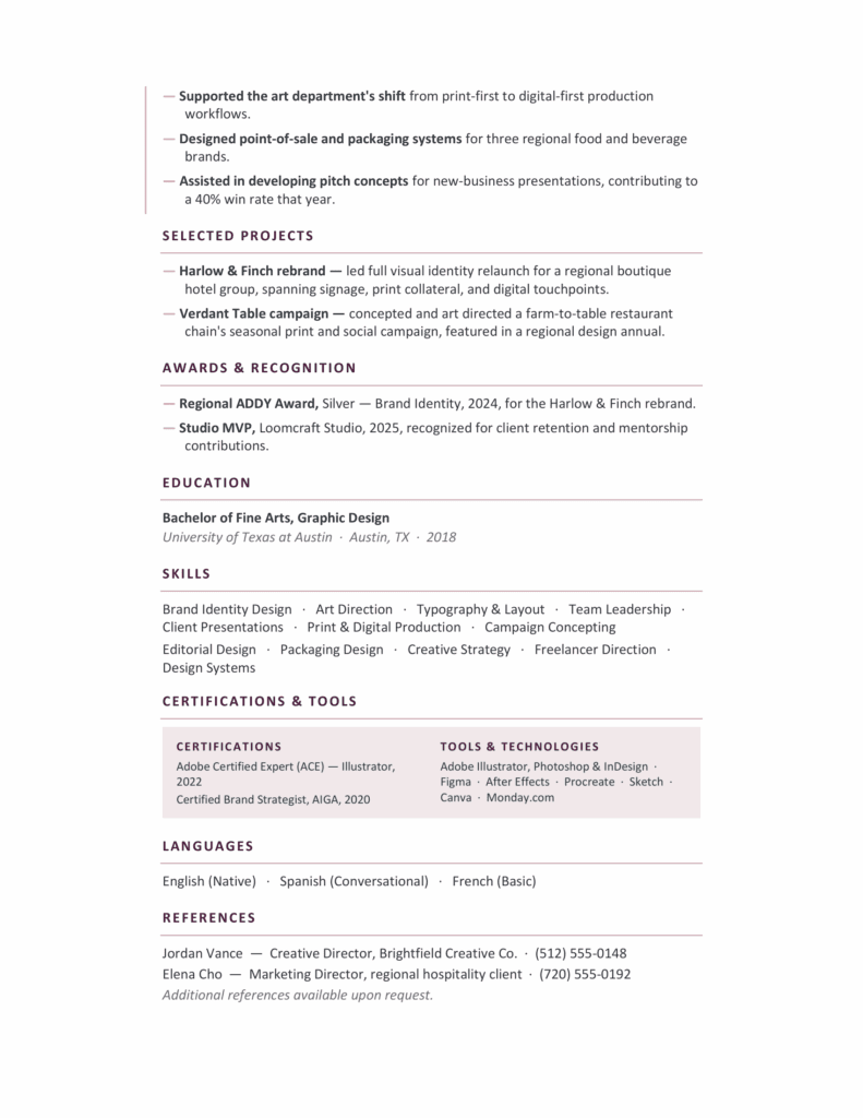 Tahiti Modern Word Resume Template Preview Preview of the Tahiti modern resume template for Word and Google Docs with a clean two-page editorial-style design.